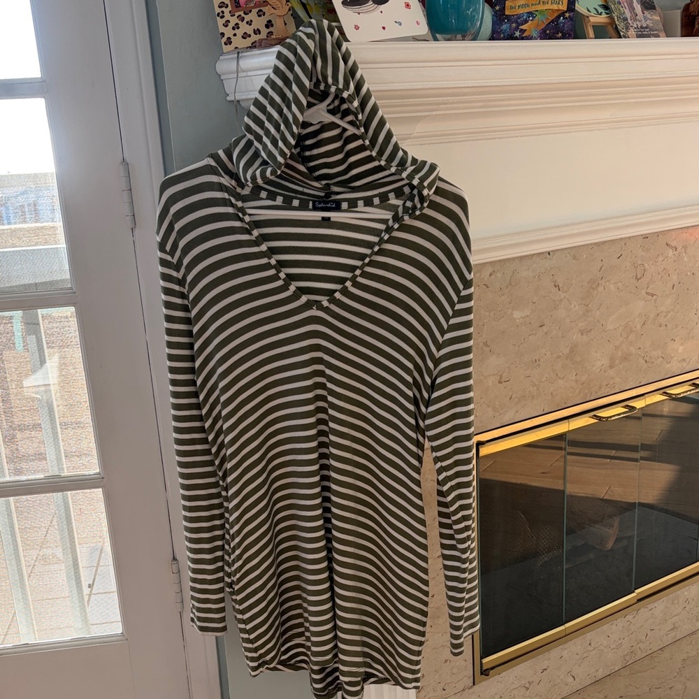 Splendid Olive Green and Ivory Hooded Striped Cover-up